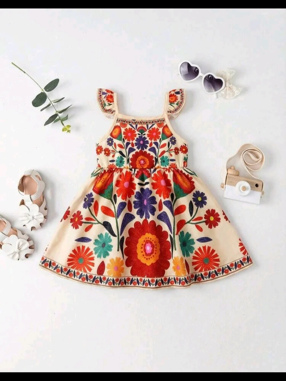 Girls Floral Embroidered Beige Sundress - Bright Multicolor